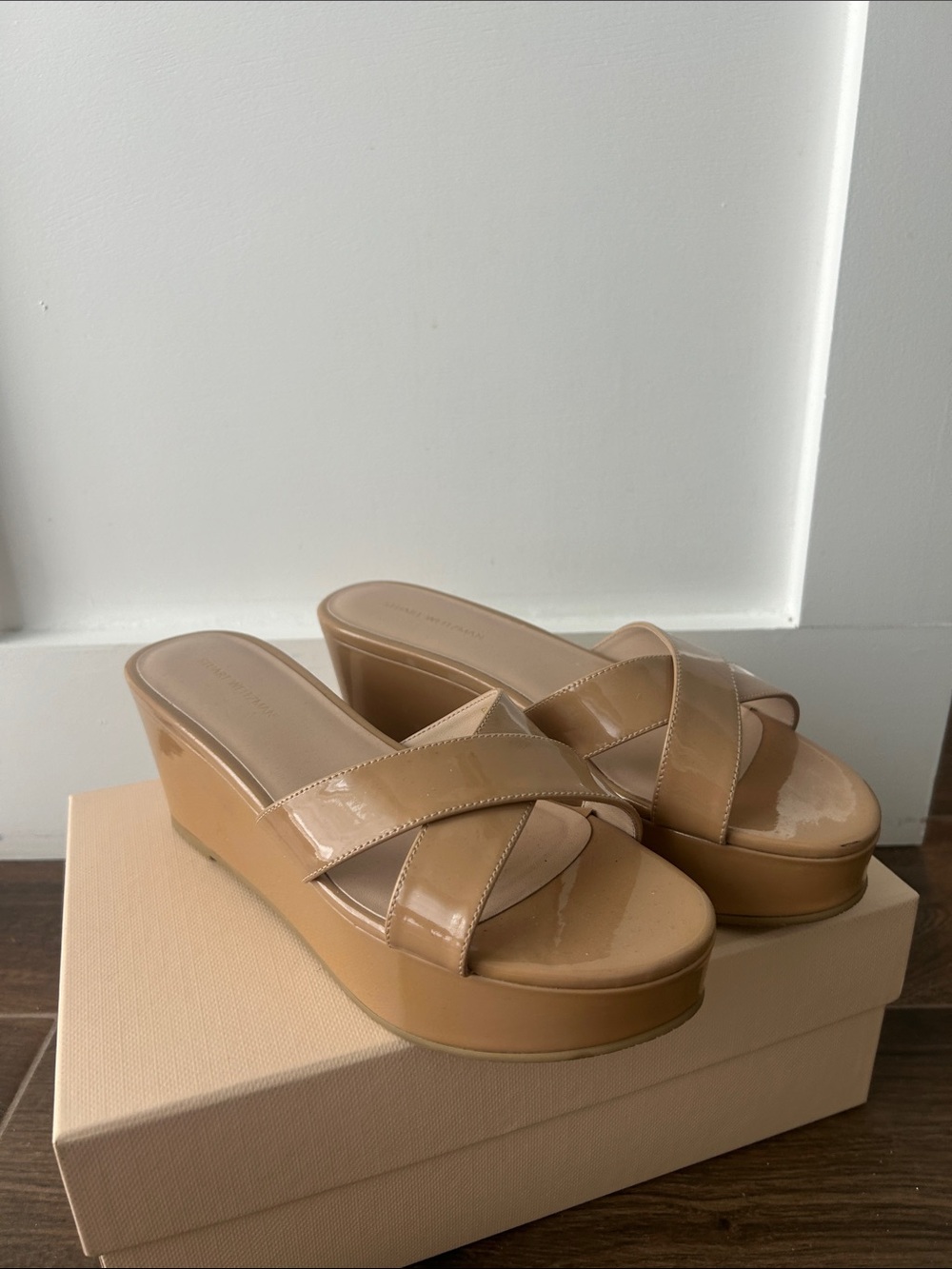 Stuart Weitzman Tan Patent Crisscross Wedge Slides
